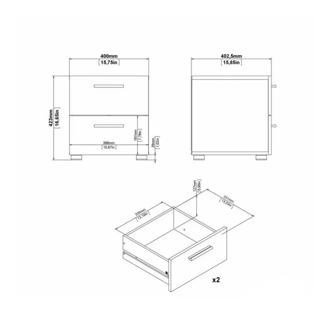comodino 2 cassetti bianco