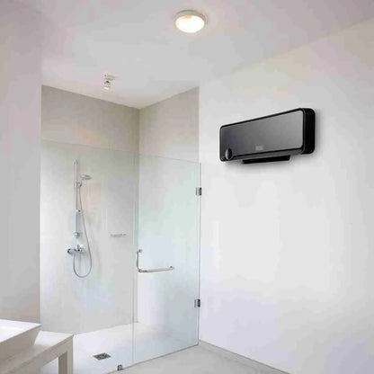 Mod. BXWSH 2000E da parete a 2 livelli di potenza 1000/2000 W. Funzione ventilatore. Termostato regolabile e dispositivo di spegnimento automatico che si aziona in caso di surriscaldamento. Temperatura regolabile da 10 a 49C. Programmatore giornaliero e settimanale. Timer 12 ore, funzione di spegnimento automatico. Display LED. Telecomando. Funzione oscillante. Staffa a muro inclusa. Consigliato per superfici fino a 20 m2. Lunghezza cavo 147 cm. Dimensioni 56 x 14,2 x h 18,5 cm. Peso 2,8 kg.