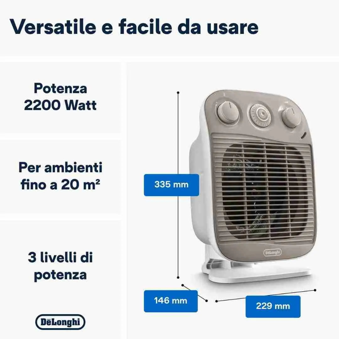 Mod. Verticale Edge HFS 50 D22 da tavolo a tre livelli di potenza 800/1400/2200 W. Bassa rumorosit. Grazie alla protezione IP21 il termoventilatore ideale per essere utilizzato in bagno per garantire un alto livello di sicurezza. Timer 24h. Silence system. Termostato ambiente. Termostato di sicurezza. Protezione antigelo. Ventilazione estiva. Funzione antigelo. Volume riscaldabile 65 m. Maniglia ergonomica per un facile trasporto. Dimensioni 229x146xh335 mm. Peso 1,2 kg.