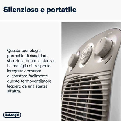 Mod. Verticale Edge HFS 50 D22 da tavolo a tre livelli di potenza 800/1400/2200 W. Bassa rumorosit. Grazie alla protezione IP21 il termoventilatore ideale per essere utilizzato in bagno per garantire un alto livello di sicurezza. Timer 24h. Silence system. Termostato ambiente. Termostato di sicurezza. Protezione antigelo. Ventilazione estiva. Funzione antigelo. Volume riscaldabile 65 m. Maniglia ergonomica per un facile trasporto. Dimensioni 229x146xh335 mm. Peso 1,2 kg.