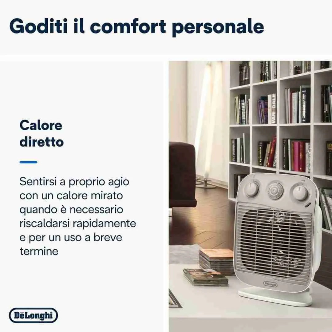 Mod. Verticale Edge HFS 50 D22 da tavolo a tre livelli di potenza 800/1400/2200 W. Bassa rumorosit. Grazie alla protezione IP21 il termoventilatore ideale per essere utilizzato in bagno per garantire un alto livello di sicurezza. Timer 24h. Silence system. Termostato ambiente. Termostato di sicurezza. Protezione antigelo. Ventilazione estiva. Funzione antigelo. Volume riscaldabile 65 m. Maniglia ergonomica per un facile trasporto. Dimensioni 229x146xh335 mm. Peso 1,2 kg.
